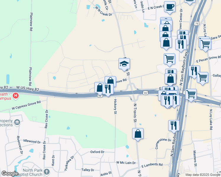 map of restaurants, bars, coffee shops, grocery stores, and more near 325 West US Highway 82 in Sherman