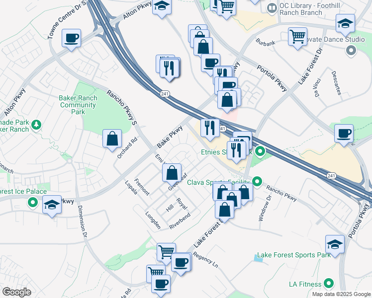 map of restaurants, bars, coffee shops, grocery stores, and more near 130 Paddlewheel in Lake Forest