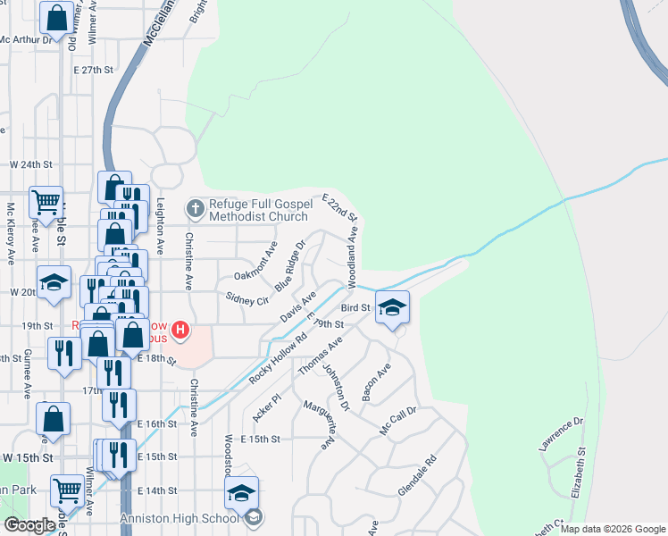 map of restaurants, bars, coffee shops, grocery stores, and more near 2030 Woodland Avenue in Anniston