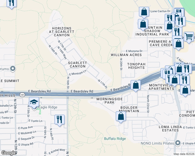 map of restaurants, bars, coffee shops, grocery stores, and more near 20414 North 17th Way in Phoenix