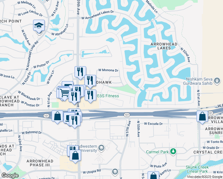 map of restaurants, bars, coffee shops, grocery stores, and more near 5683 West Irma Lane in Glendale