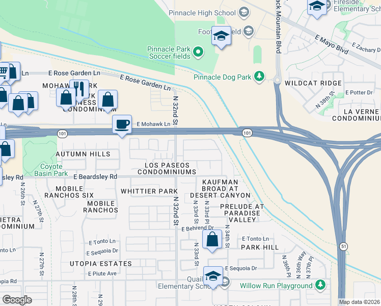 map of restaurants, bars, coffee shops, grocery stores, and more near 3233 East Tonopah Drive in Phoenix