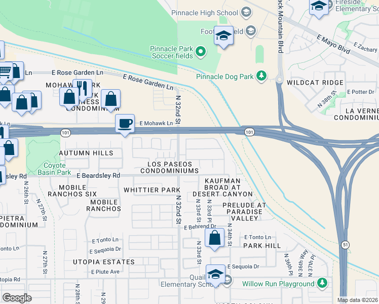 map of restaurants, bars, coffee shops, grocery stores, and more near 3233 East Tonopah Drive in Phoenix