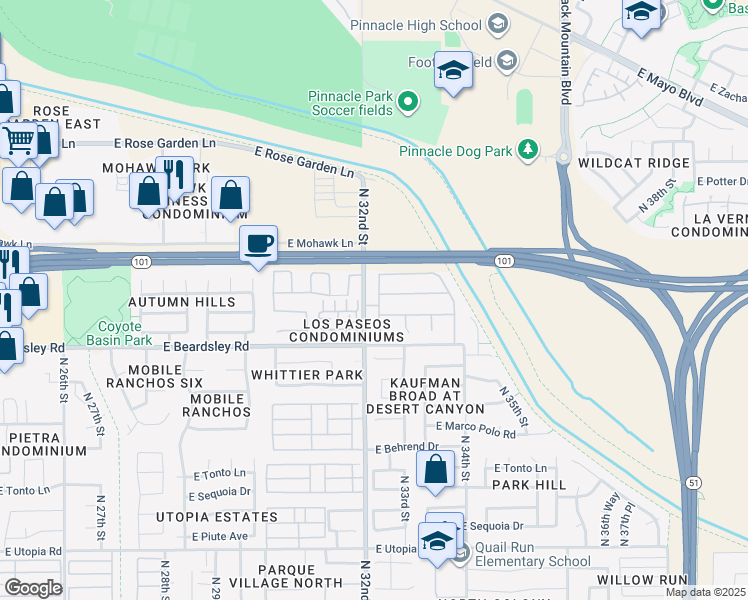 map of restaurants, bars, coffee shops, grocery stores, and more near 20417 North 31st Way in Phoenix