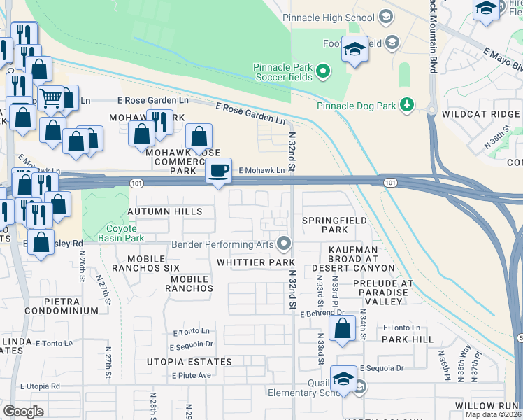 map of restaurants, bars, coffee shops, grocery stores, and more near 20414 North 31st Place in Phoenix