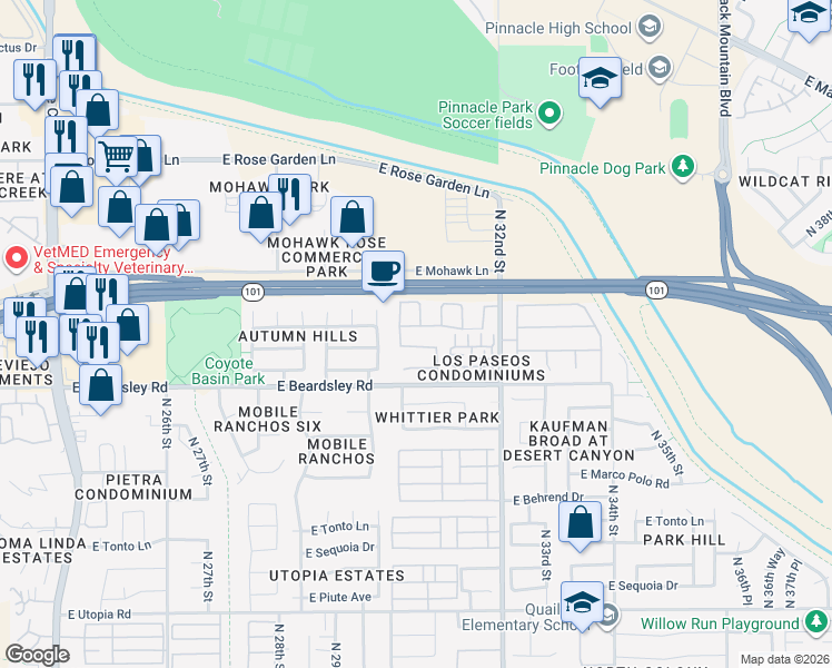 map of restaurants, bars, coffee shops, grocery stores, and more near 20414 North 30th Way in Phoenix