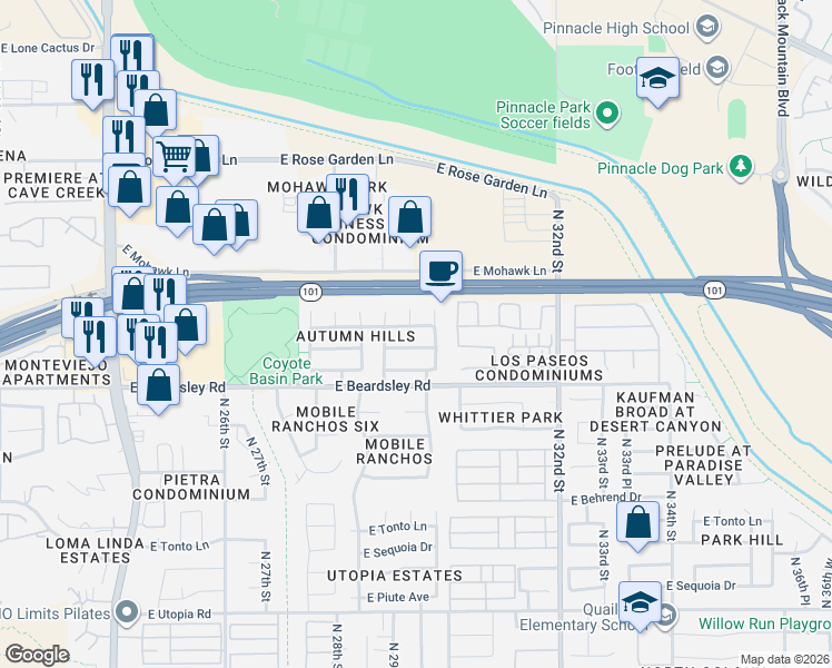 map of restaurants, bars, coffee shops, grocery stores, and more near 20410 North 30th Street in Phoenix