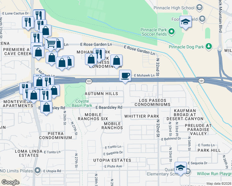 map of restaurants, bars, coffee shops, grocery stores, and more near 20409 North 29th Place in Phoenix