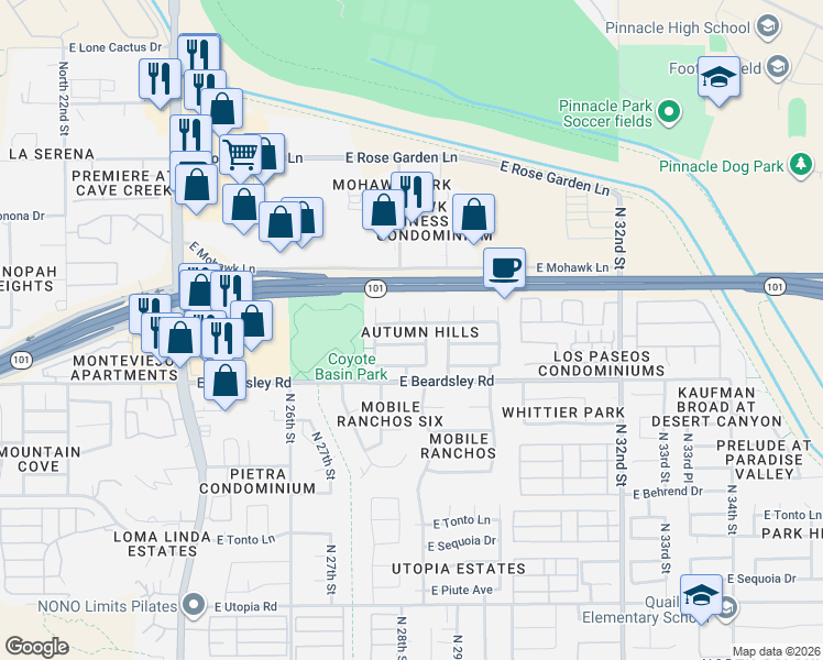 map of restaurants, bars, coffee shops, grocery stores, and more near 20412 North 29th Street in Phoenix