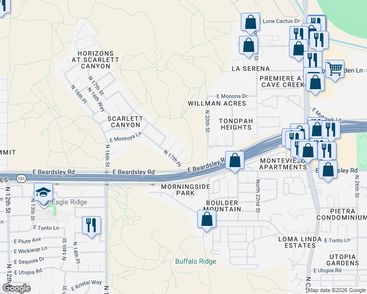map of restaurants, bars, coffee shops, grocery stores, and more near 1732 East Blackhawk Drive in Phoenix
