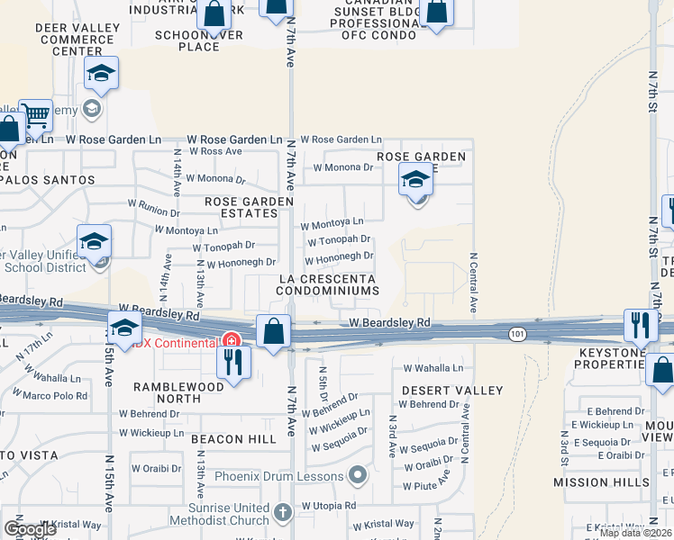 map of restaurants, bars, coffee shops, grocery stores, and more near 502 West Hononegh Drive in Phoenix