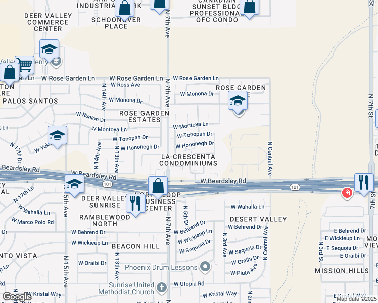 map of restaurants, bars, coffee shops, grocery stores, and more near 602 West Hononegh Drive in Phoenix