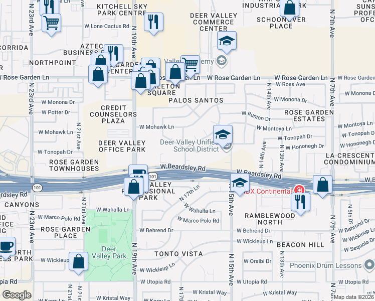 map of restaurants, bars, coffee shops, grocery stores, and more near 1720 West Hononegh Drive in Phoenix