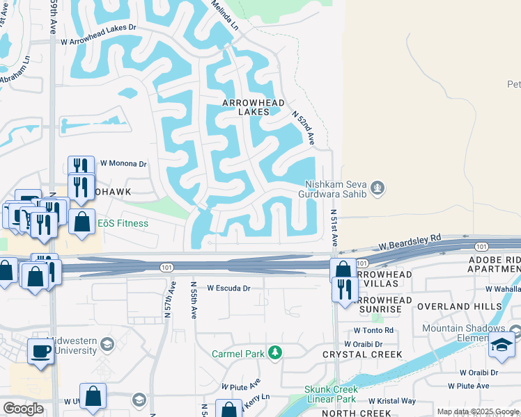 map of restaurants, bars, coffee shops, grocery stores, and more near 5322 West Tonopah Drive in Glendale