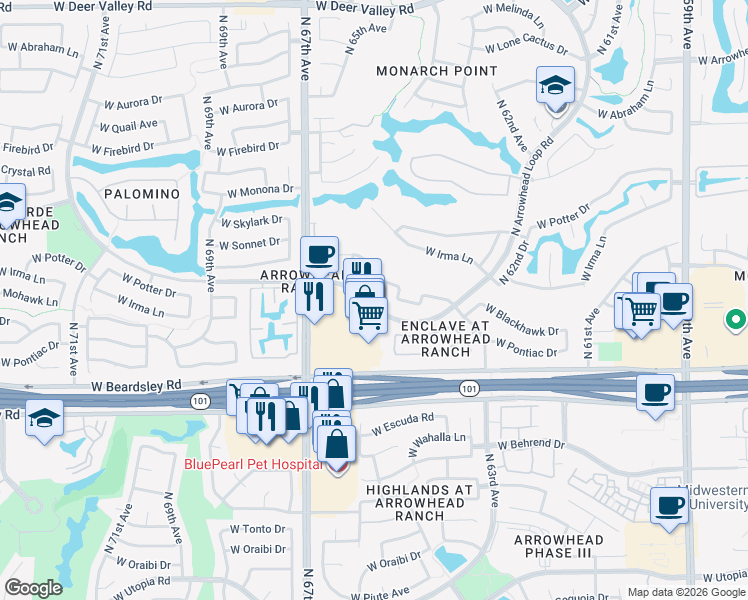 map of restaurants, bars, coffee shops, grocery stores, and more near 6509 West Tonopah Drive in Glendale