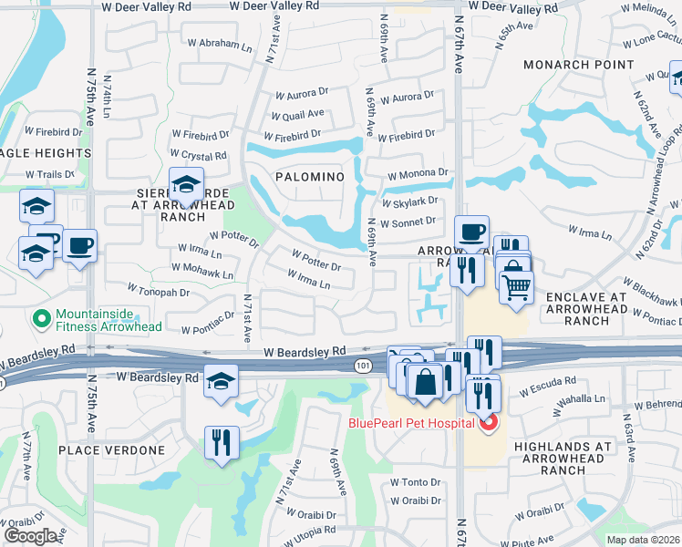 map of restaurants, bars, coffee shops, grocery stores, and more near 6976 West Potter Drive in Glendale