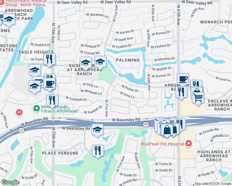 map of restaurants, bars, coffee shops, grocery stores, and more near 20702 North 70th Drive in Glendale