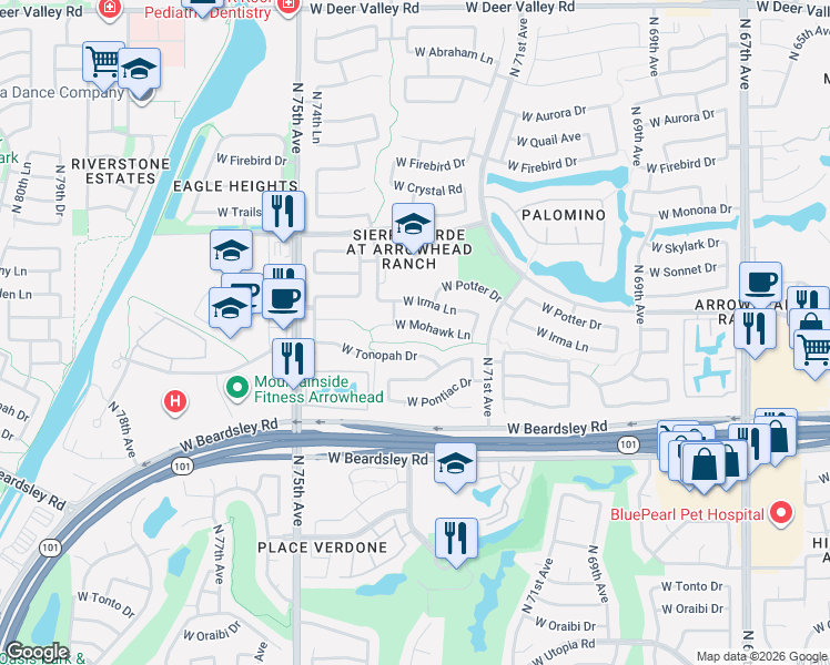 map of restaurants, bars, coffee shops, grocery stores, and more near 7223 West Irma Lane in Glendale