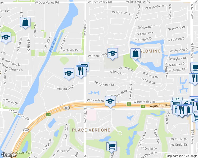 map of restaurants, bars, coffee shops, grocery stores, and more near 7442 West Mohawk Lane in Glendale