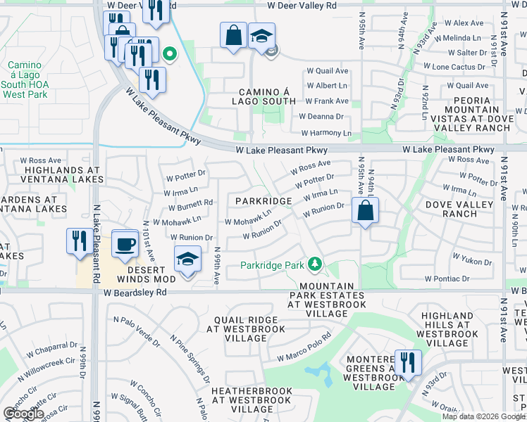 map of restaurants, bars, coffee shops, grocery stores, and more near 9717 West Burnett Road in Peoria