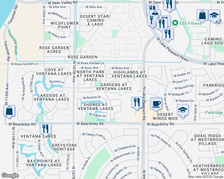 map of restaurants, bars, coffee shops, grocery stores, and more near 10359 West Burnett Road in Peoria