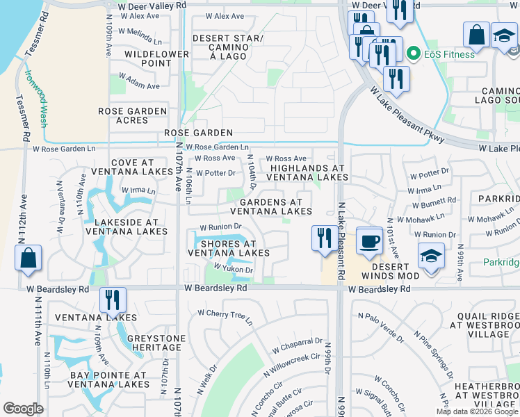 map of restaurants, bars, coffee shops, grocery stores, and more near 20634 North 104th Avenue in Peoria
