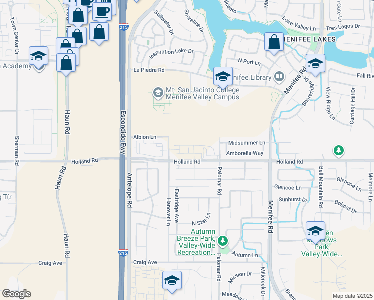 map of restaurants, bars, coffee shops, grocery stores, and more near Holland Road in Menifee