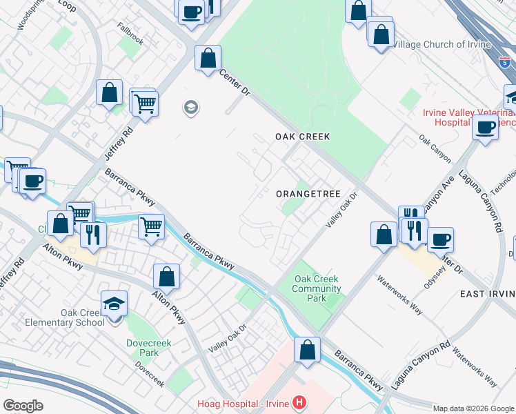 map of restaurants, bars, coffee shops, grocery stores, and more near 5500 Irvine Center Drive in Irvine