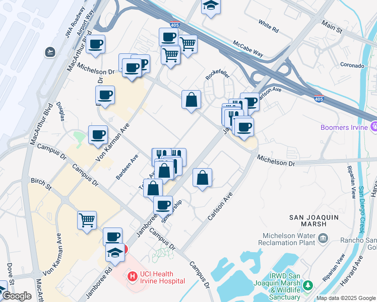 map of restaurants, bars, coffee shops, grocery stores, and more near 18582 Teller Avenue in Irvine