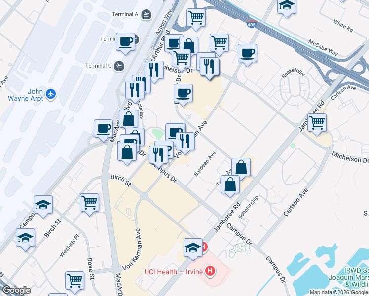 map of restaurants, bars, coffee shops, grocery stores, and more near 18831 Von Karman Avenue in Irvine