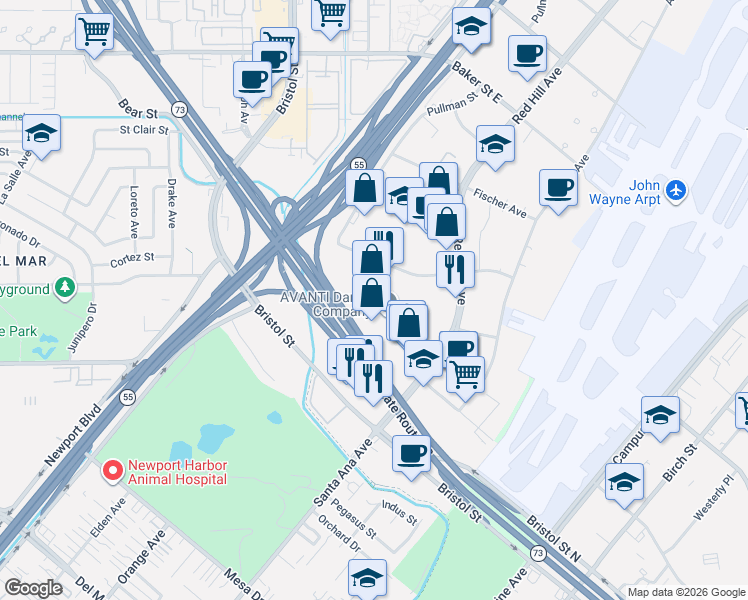 map of restaurants, bars, coffee shops, grocery stores, and more near 151 Kalmus Drive in Costa Mesa