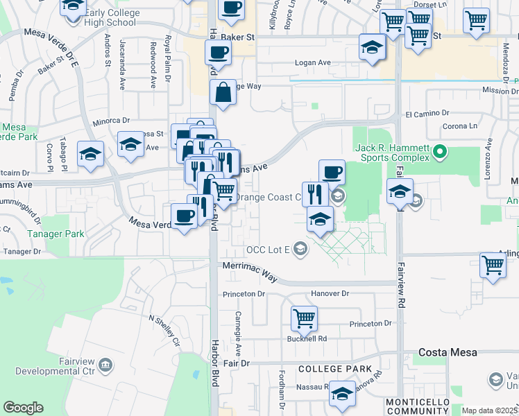 map of restaurants, bars, coffee shops, grocery stores, and more near 2700 Peterson Place in Costa Mesa