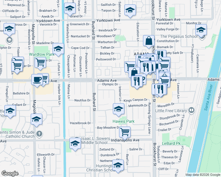 map of restaurants, bars, coffee shops, grocery stores, and more near 9631 Olympic Drive in Huntington Beach