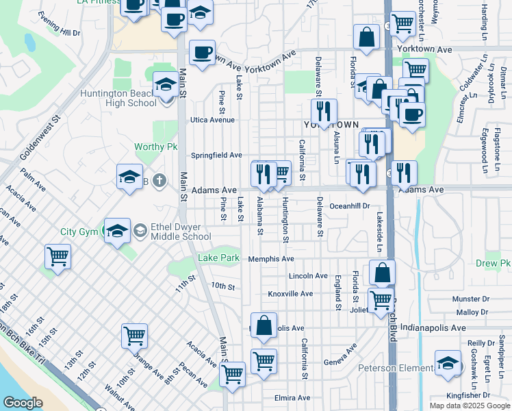 map of restaurants, bars, coffee shops, grocery stores, and more near 1222 Lake Street in Huntington Beach