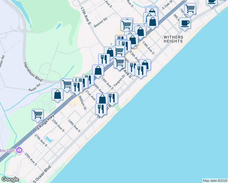 map of restaurants, bars, coffee shops, grocery stores, and more near 606 Snorkel Way in Myrtle Beach