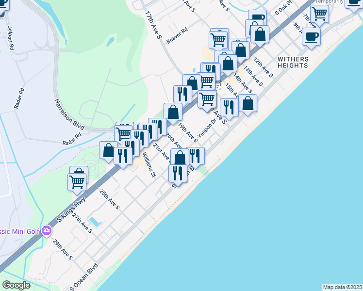 map of restaurants, bars, coffee shops, grocery stores, and more near 400 20th Avenue South in Myrtle Beach