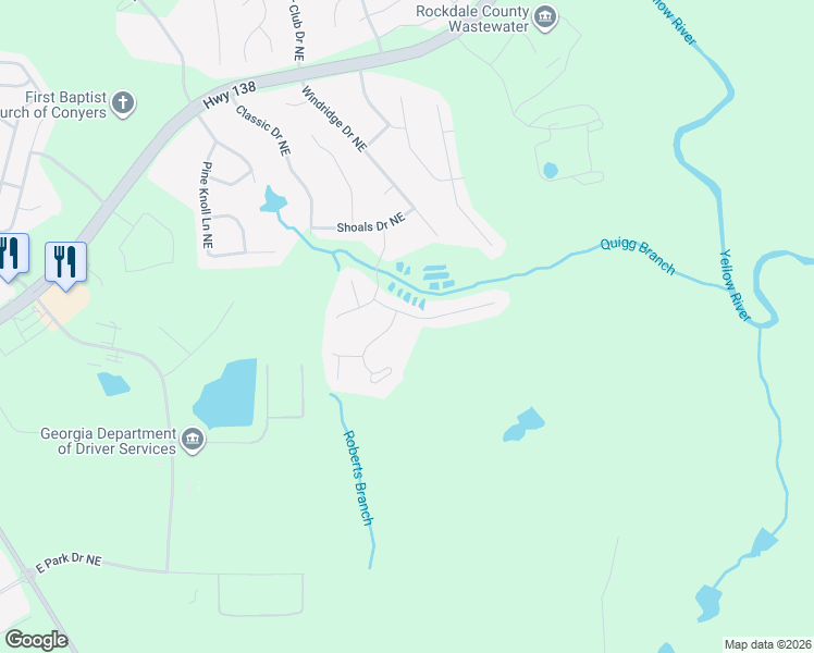 map of restaurants, bars, coffee shops, grocery stores, and more near 2316 Rockmill Lane Northeast in Conyers