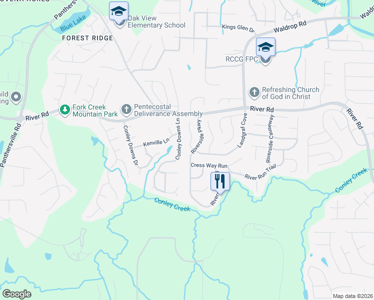 map of restaurants, bars, coffee shops, grocery stores, and more near 3751 Conley Downs Lane in Decatur