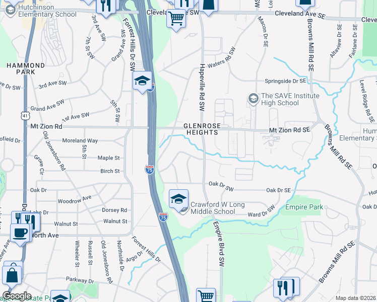 map of restaurants, bars, coffee shops, grocery stores, and more near 181 Glenrose Circle Southwest in Atlanta