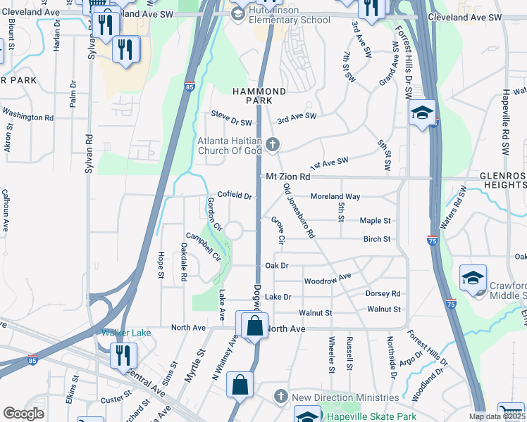 map of restaurants, bars, coffee shops, grocery stores, and more near 3044 Dogwood Drive in Hapeville