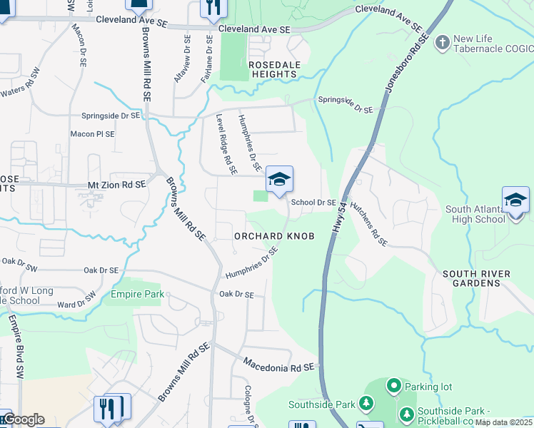 map of restaurants, bars, coffee shops, grocery stores, and more near 3029 Humphries Drive Southeast in Atlanta