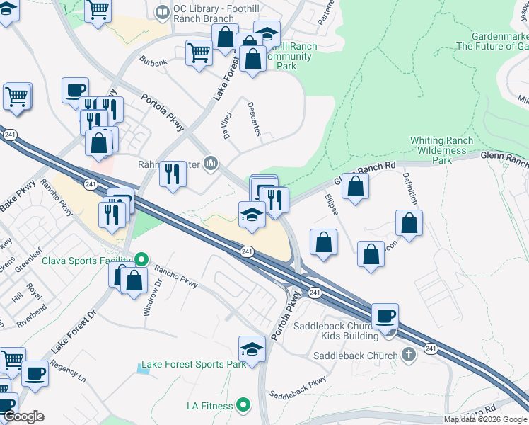 map of restaurants, bars, coffee shops, grocery stores, and more near 27442 Portola Parkway in Lake Forest