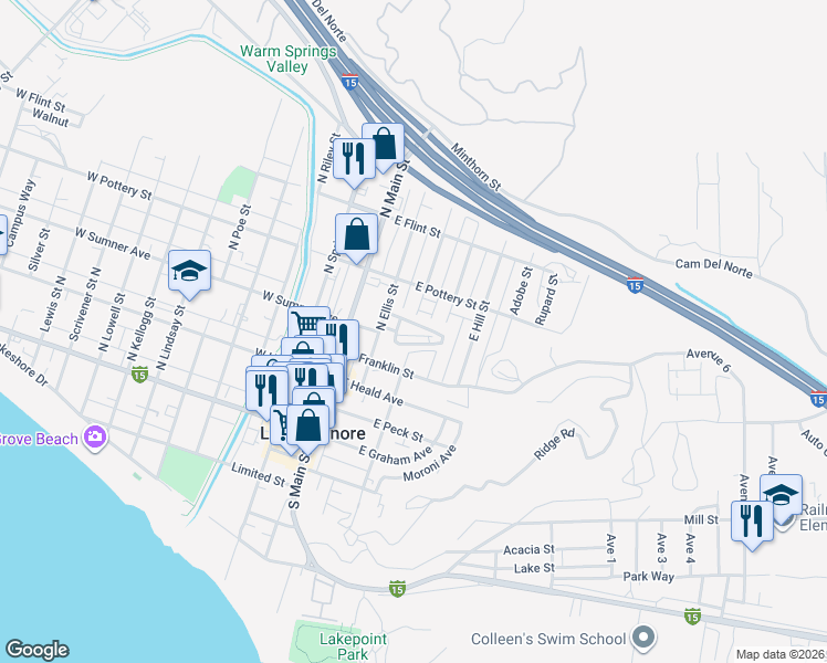 map of restaurants, bars, coffee shops, grocery stores, and more near 54 East Sumner Avenue in Lake Elsinore