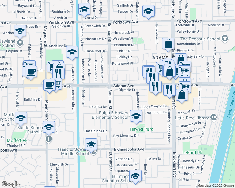 map of restaurants, bars, coffee shops, grocery stores, and more near 9551 Rocky Mountain Drive in Huntington Beach
