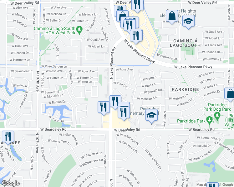 map of restaurants, bars, coffee shops, grocery stores, and more near 20625 North Lake Pleasant Road in Peoria
