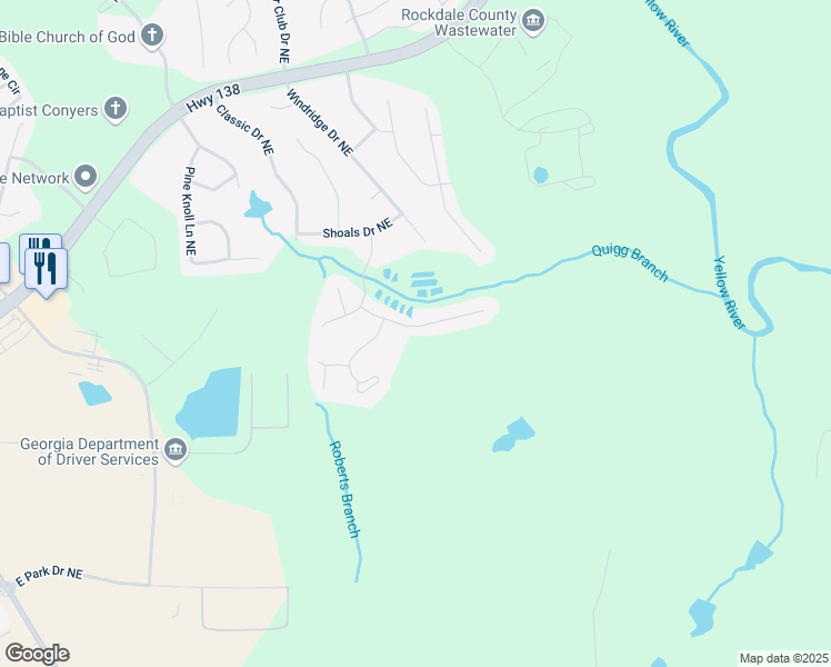 map of restaurants, bars, coffee shops, grocery stores, and more near 2322 Rockmill Lane Northeast in Conyers