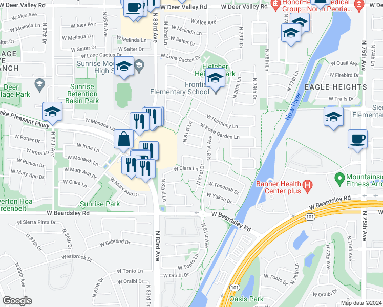 map of restaurants, bars, coffee shops, grocery stores, and more near 8156 West Mary Ann Drive in Peoria