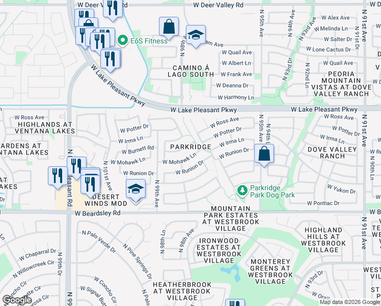 map of restaurants, bars, coffee shops, grocery stores, and more near 9717 West Burnett Road in Peoria
