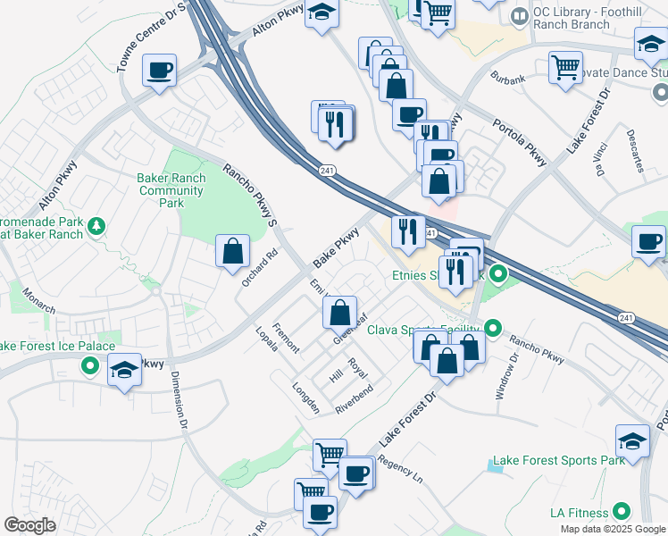 map of restaurants, bars, coffee shops, grocery stores, and more near 101 Red Oak in Lake Forest