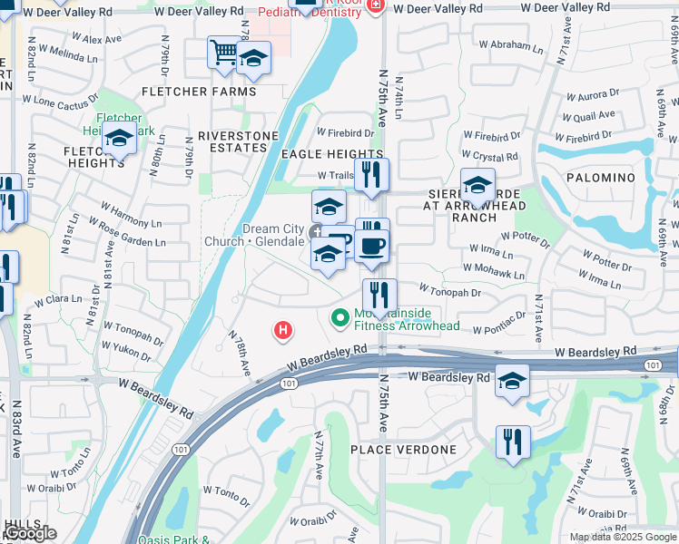 map of restaurants, bars, coffee shops, grocery stores, and more near 21000 North 75th Avenue in Glendale